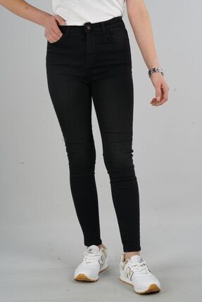 Kadın Siyah Taşlamalı Yüksek Bel Skinny Jeans 4342 NEZİK