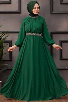 Tesettürlü Abiye Elbise - Balon Kol Yeşil Tesettür Abiye Elbise 5339y ARM-5339