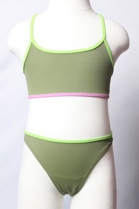 Ayl Kız Çocuk Haki Bustiyer Yüzücü Model Alt Üst Düz Bikini Takım 174 ÇBD174