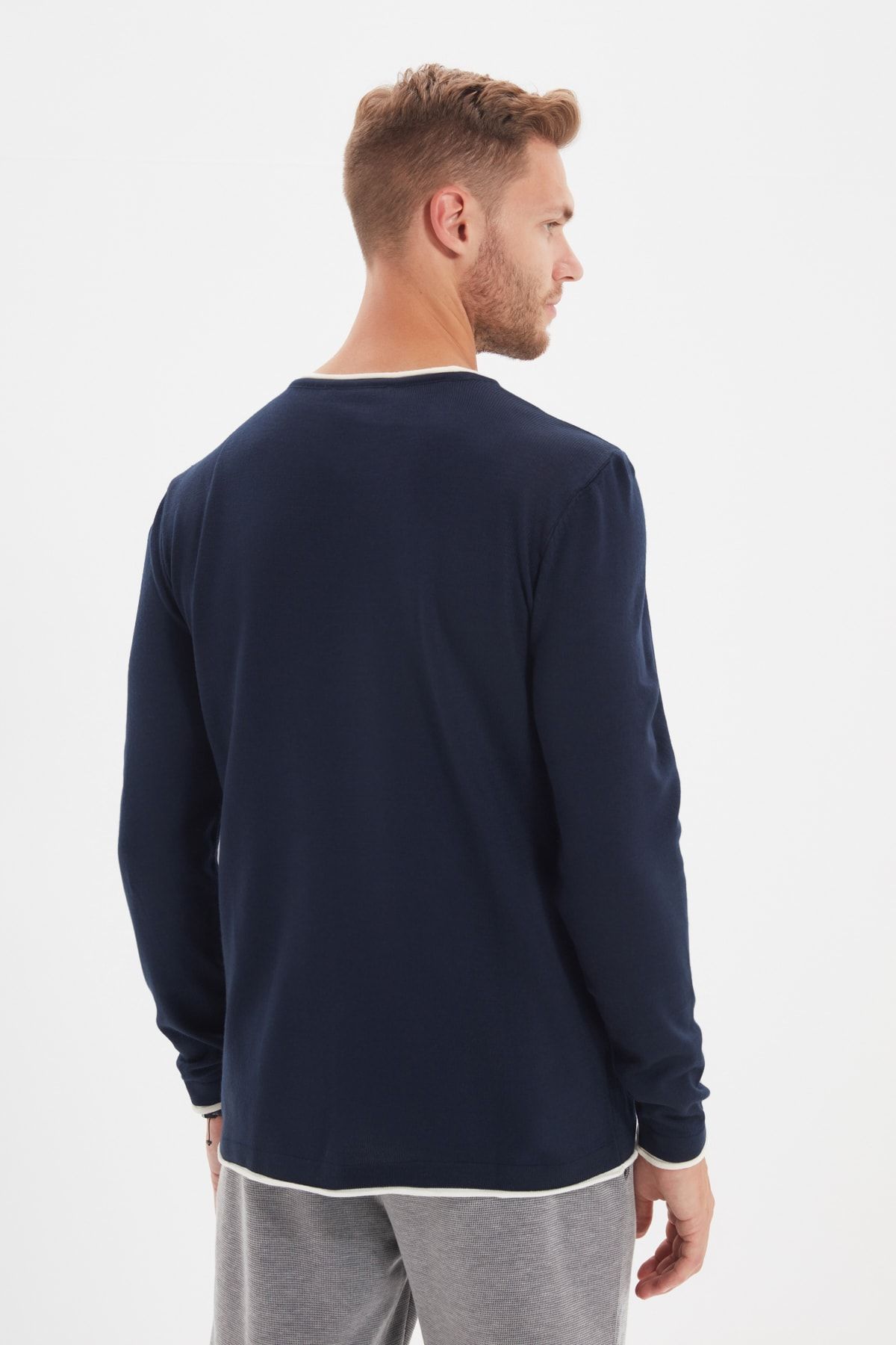 Trendyol Collection-Granatowy męski sweter Slim Fit Slim Fit z kontrastowym kołnierzykiem Tmnaw21Kz2499 10