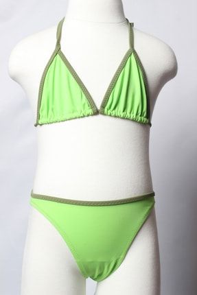 Ayl Kız Çocuk Yeşil Üçgen Model Boyundan Bağlamalı Alt Üst Düz Bikini Takım 188 ÇBD188