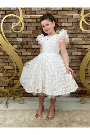 Kız Çocuk Beyaz Dantelli Tüllü Elbise GCKELBS49
