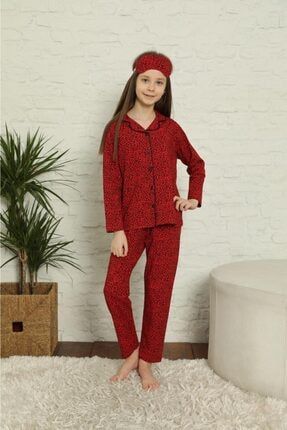 Kız Çocuk Lepoar Desenli Kırmızı Renkli Uzun Kollu Pijama Takımı PM2005A