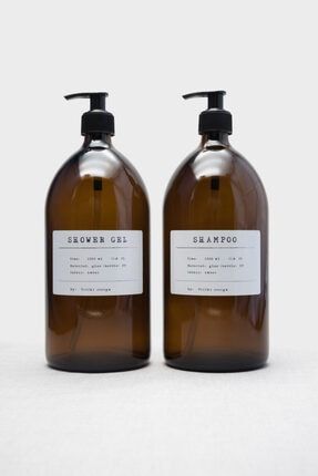 1000ml Amber Kahverengi Cam Sıvı Sabunluk Pp Beyaz Etiket Shower Gel, Shampoo ( 2 Adet ) TrCh-534