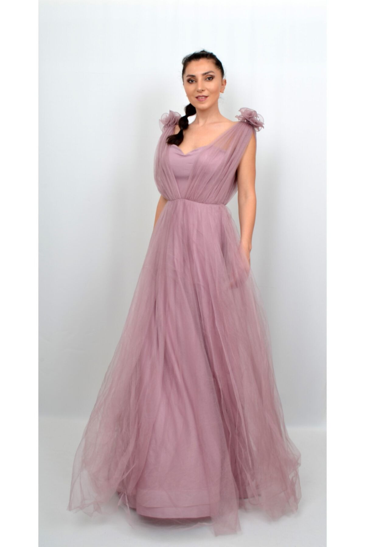 ALIS DRESS Вечернее платье пыльной розы с цветочным декором на плече AL-0769