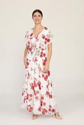 Kruvaze Volanlı Yaka Çiçek Desenli Uzun Şifon Elbise CYL 3019