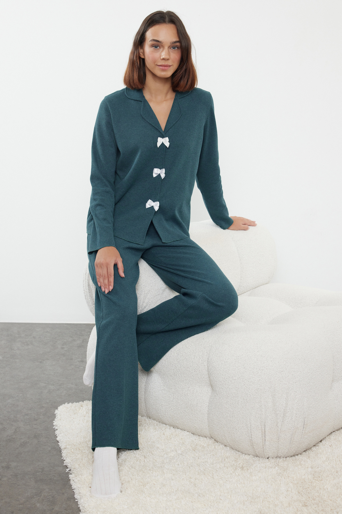 Trendyolmilla  Petrol Kurdele/Fiyonklu Waffle Kumaş Örme Pijama Takımı THMAW25PT00195 - Görsel 2