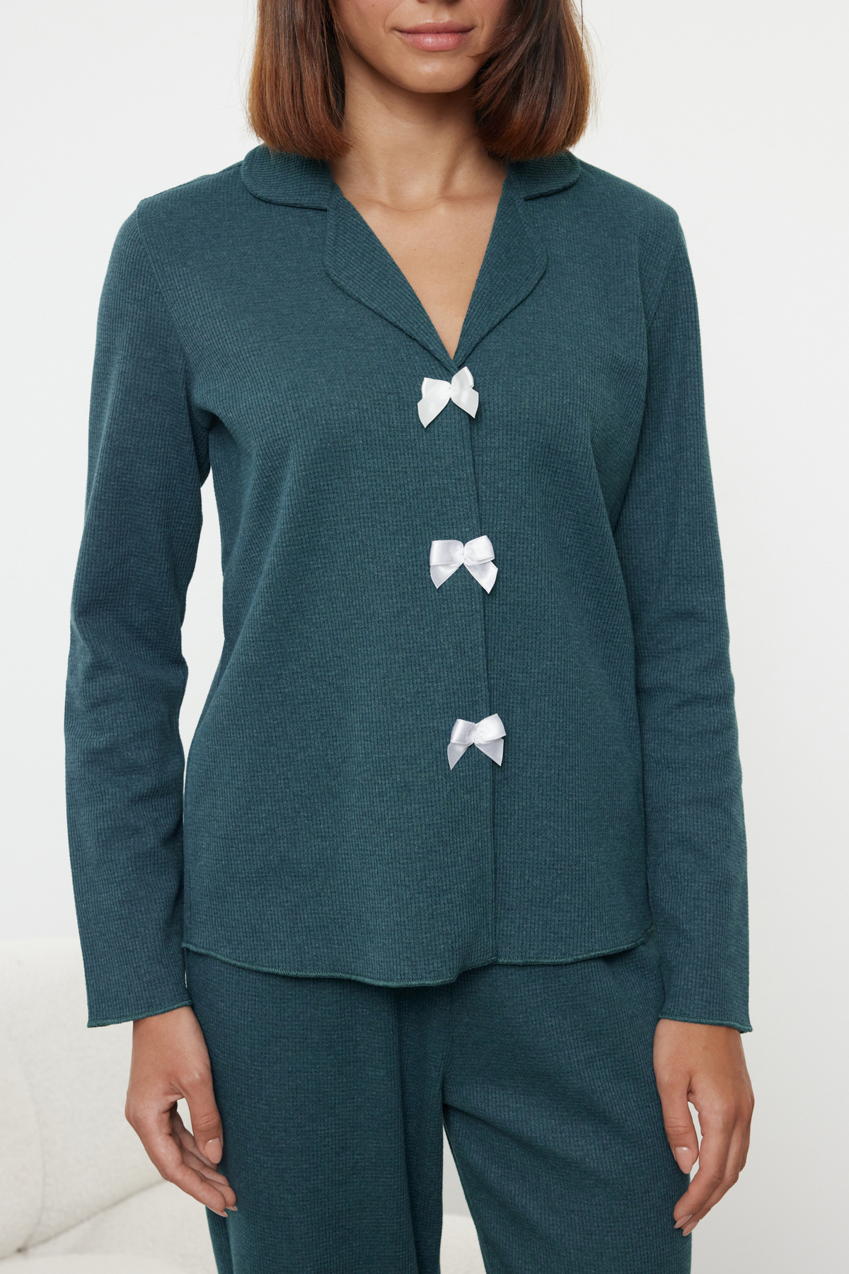 Trendyolmilla  Petrol Kurdele/Fiyonklu Waffle Kumaş Örme Pijama Takımı THMAW25PT00195 - Görsel 3