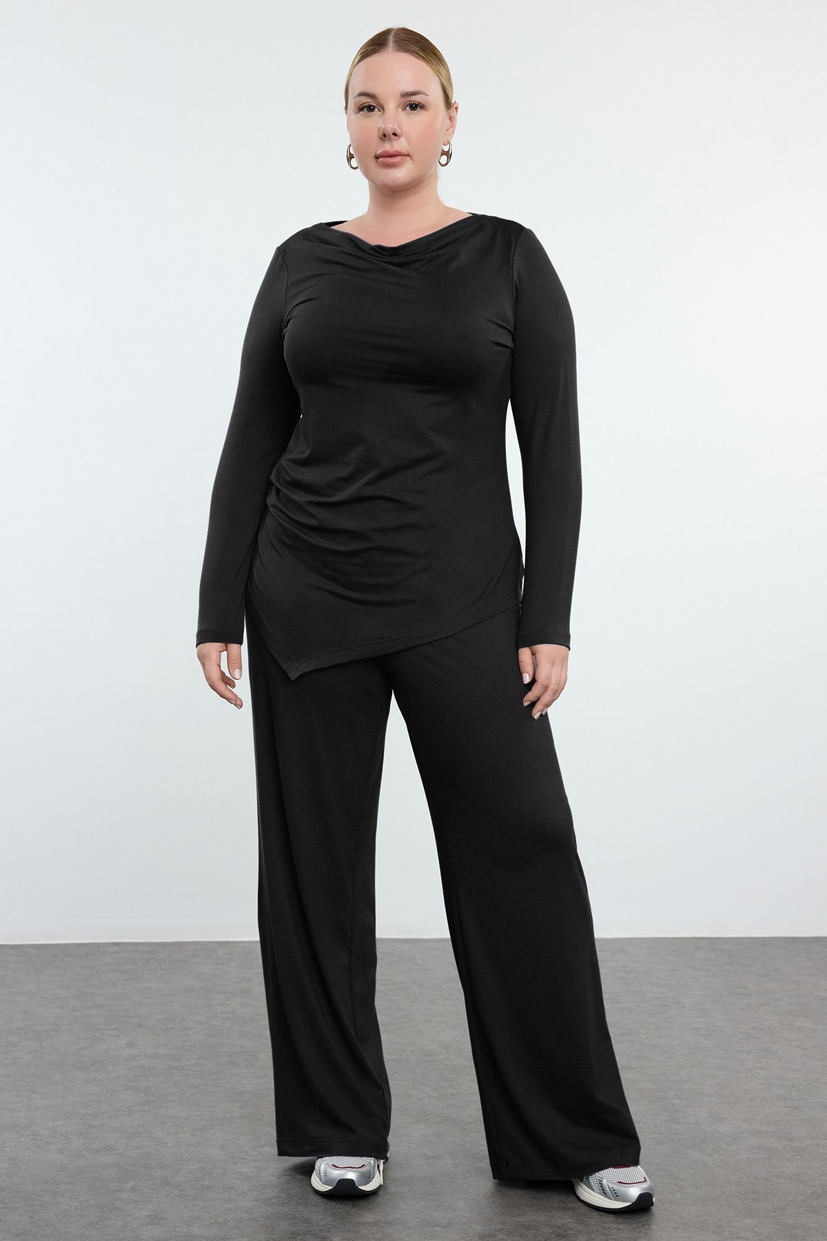 Trendyol Curve Czarny, Dzianinowy, Dekolt W Łódkę, Dół I Góra W Dużym Rozmiarze Kobieta - 3XL
