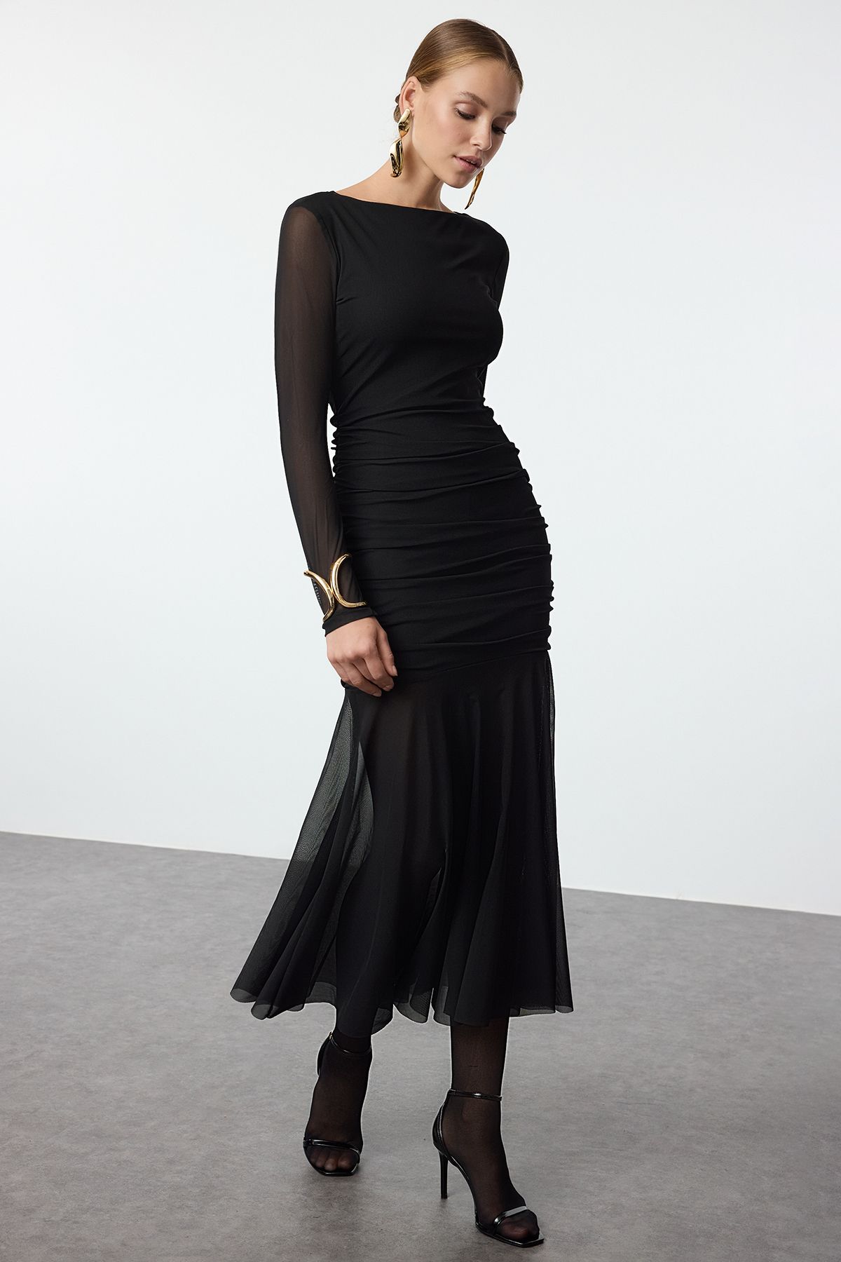 Trendyol Collection Czarne Body Tiulowe Dzianinowe Sukienki Tpraw25el00003 Kobieta - 42
