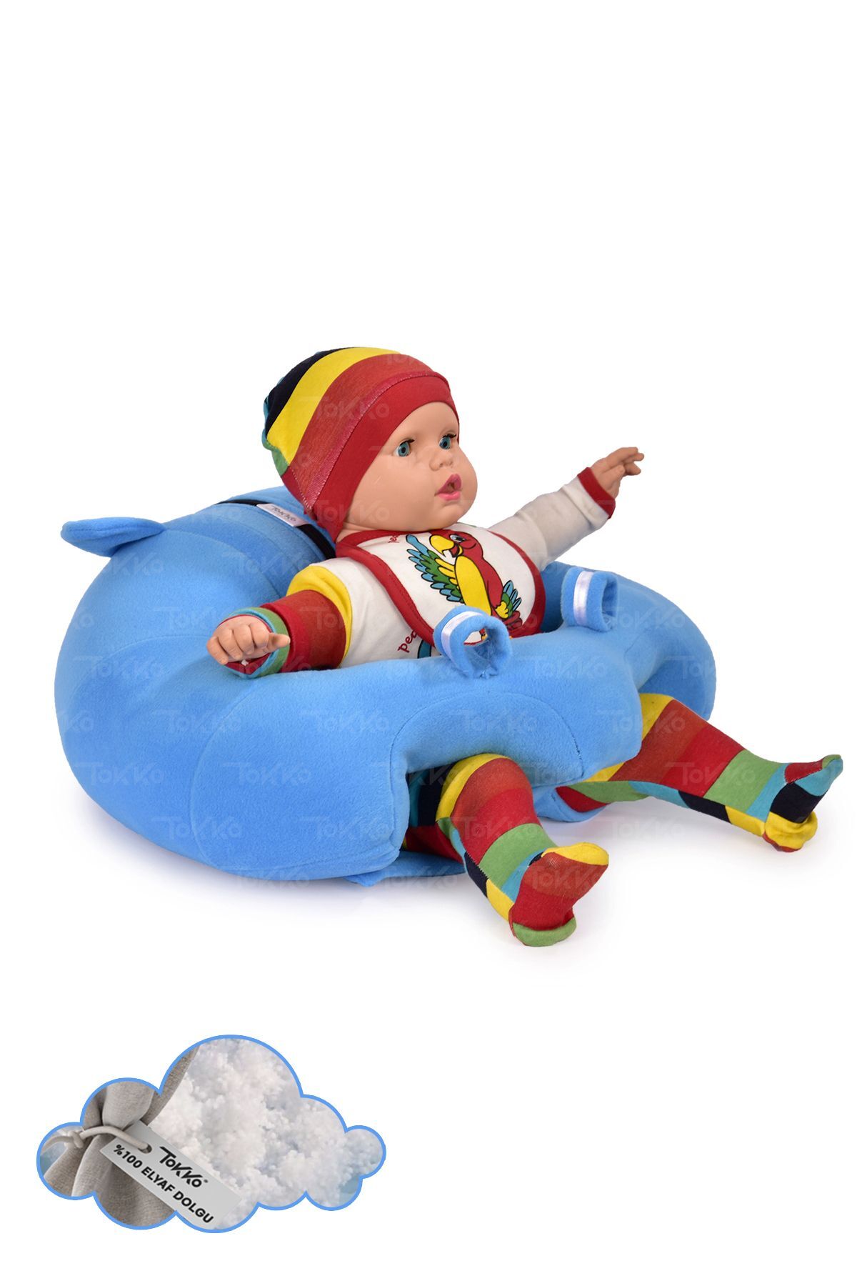 TOKKO Elyaf Dolgu Bebek Oturma Destek Minderi - Devrilmez Bebek Koltuğu - Büyük Bebek Oturağı Mavi