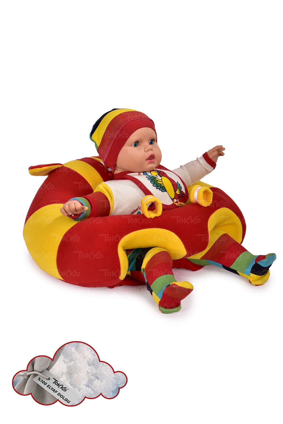 TOKKO Elyaf Dolgu Bebek Oturma Destek Minderi - Devrilmez Bebek Koltuğu - Büyük Bebek Oturağı Sarı Kırmızı