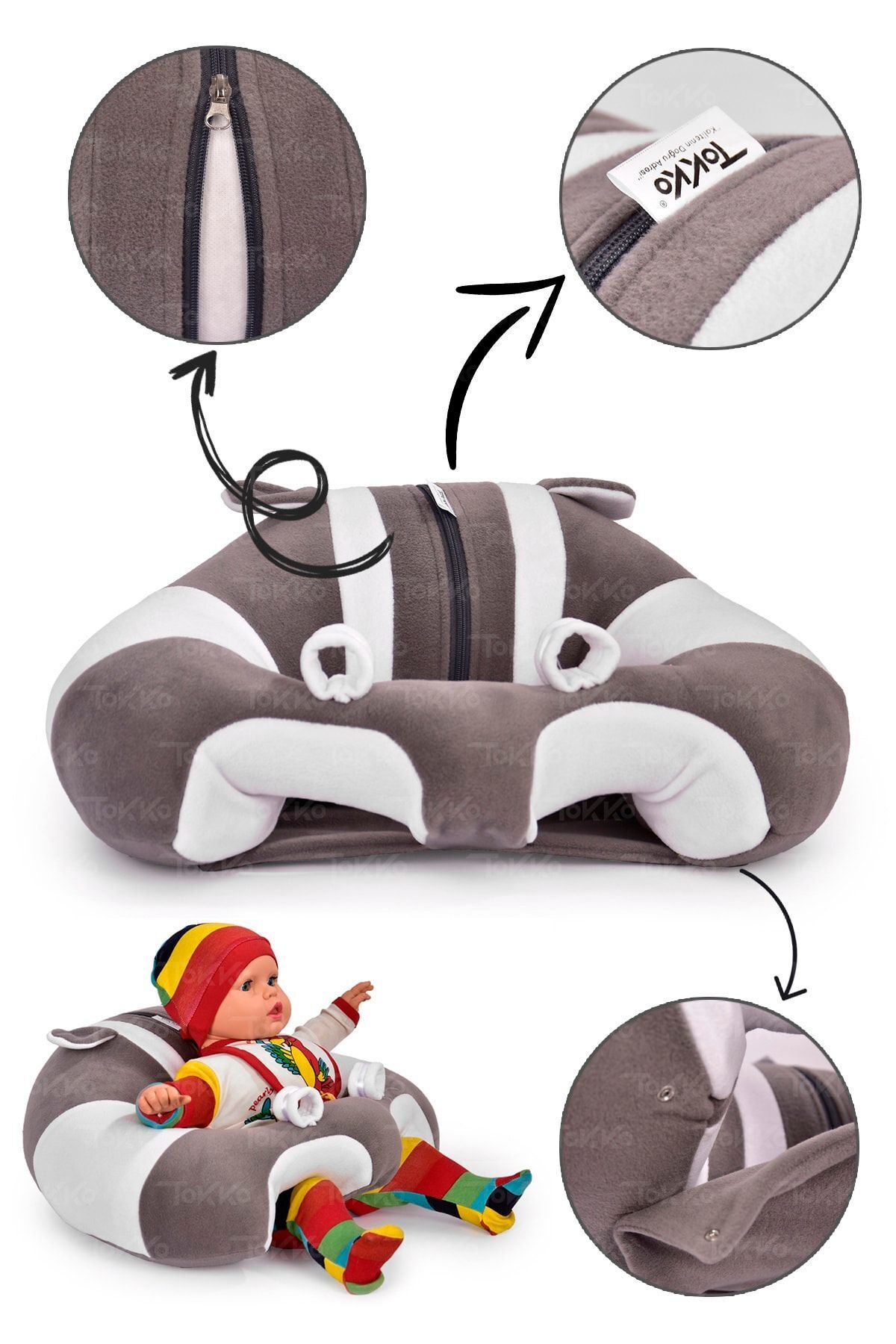 Lüks Üçlü Set - + 60 Cm Uyku Fili + Peluş Ayıcık - Antibakteriyel 3'lü Set Gri Beyaz 2