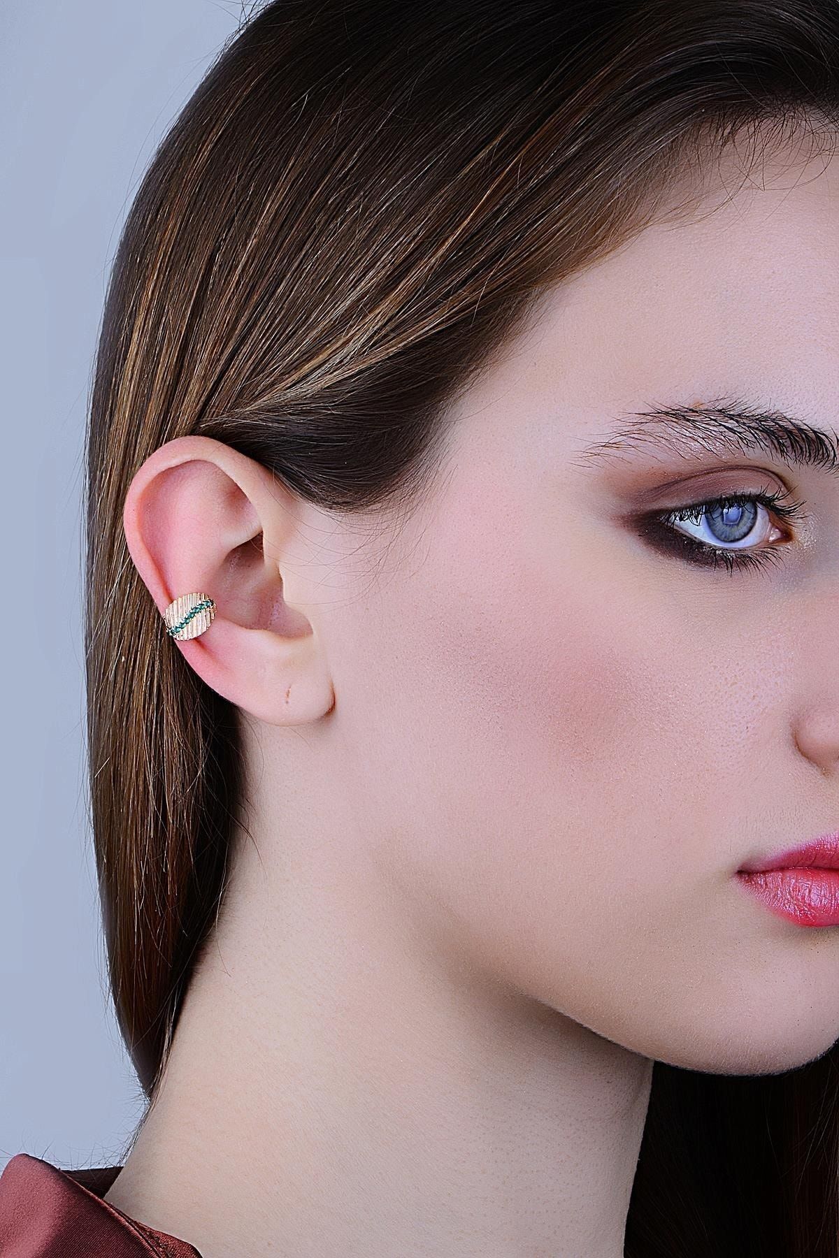 Gümüş Rose Yeşil Taşlı Yaprak Modeli Sıkıştırmalı Kıkırdak Küpe Ear Cuff Sgtl11963yesıl