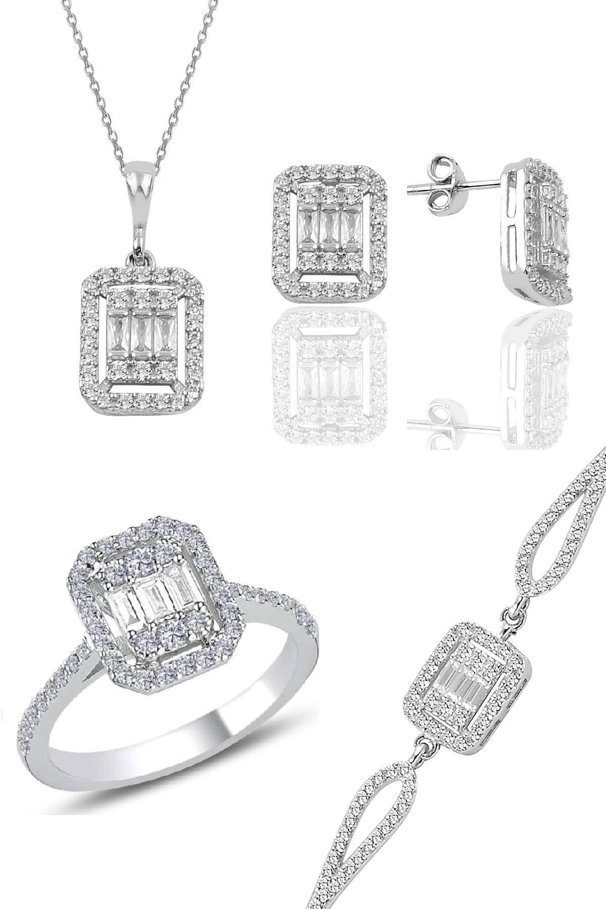 Söğütlü Silver Gümüş Rodyumlu Baget Taşlı Dörtlü Set Sgtl10954