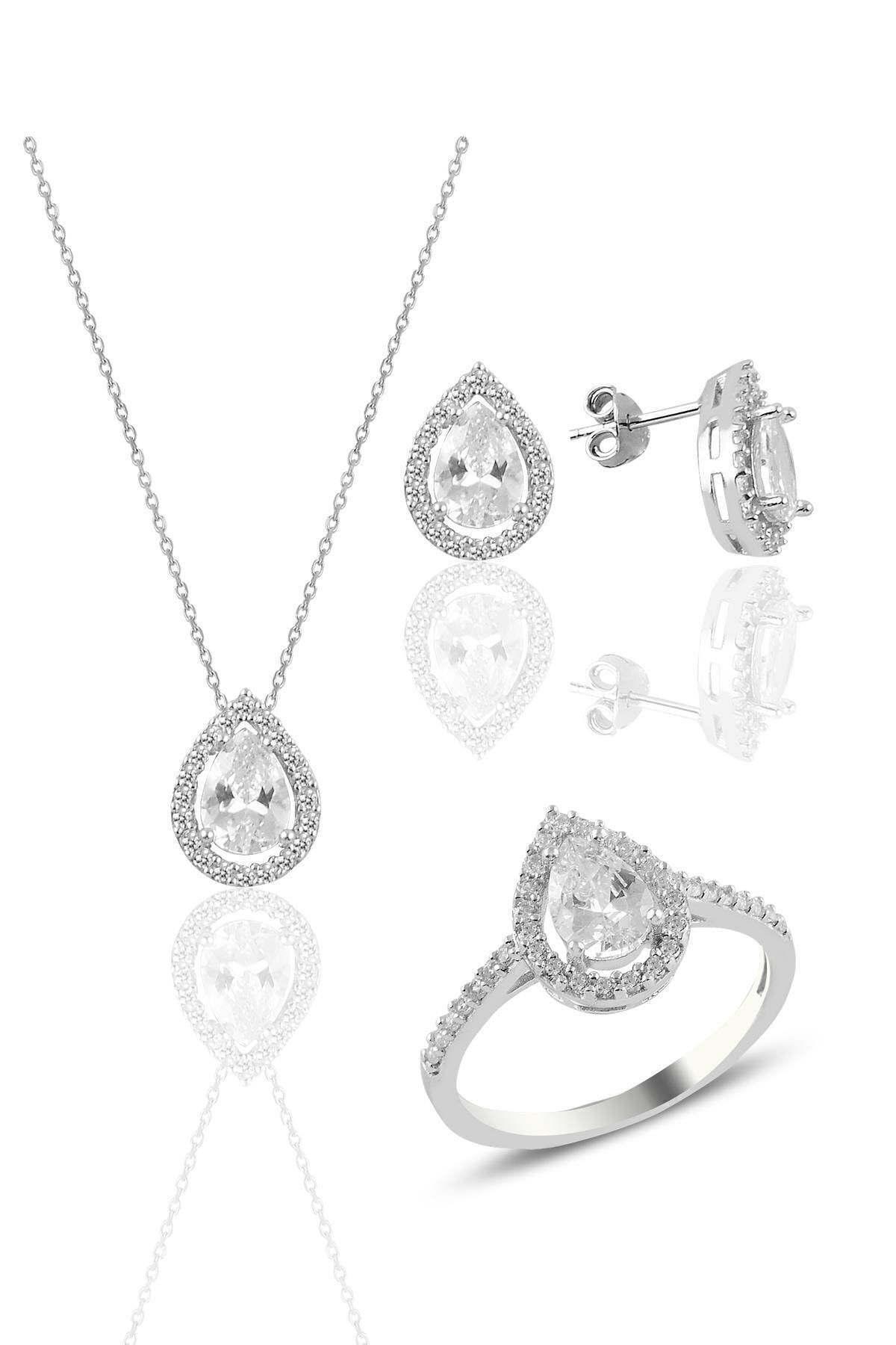 Söğütlü Silver Gümüş Rodyumlu Zirkon Taşlı Damla Modeli Üçlü Set Sgtl11003