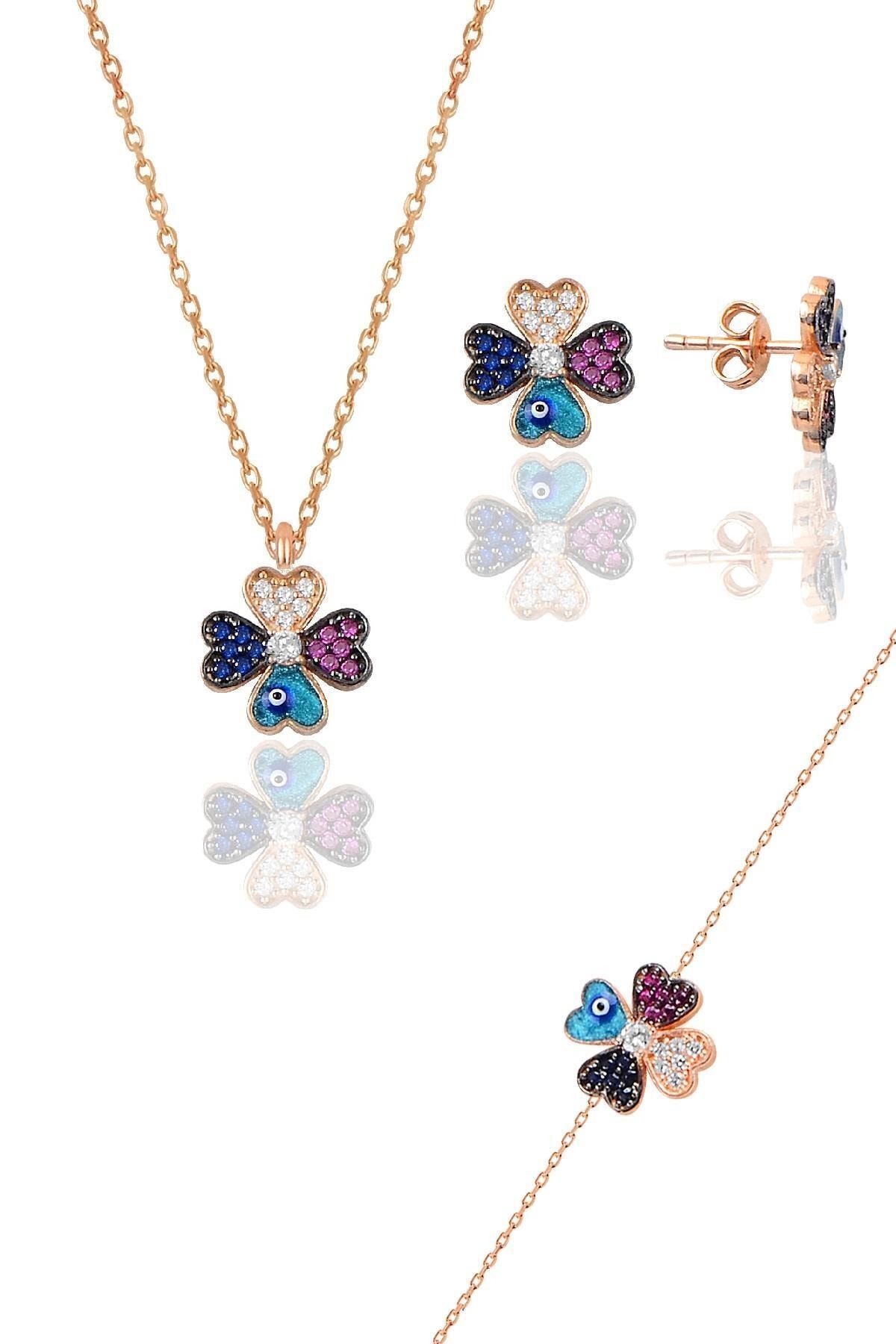 Söğütlü Silver Gümüş Rose Mineli Yonca Modeli Üçlü Set Sgtl10583rose