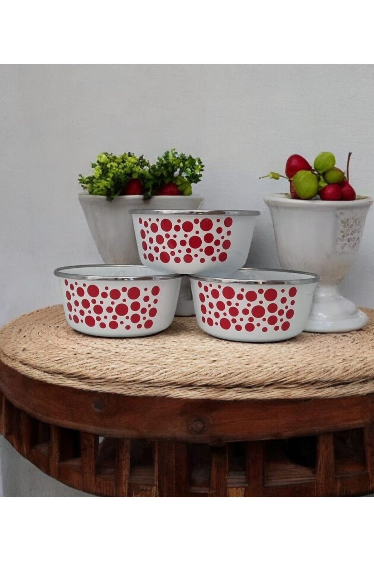 Savaşan Emaye Kase Seti Kırmızı Desenli Kase Takımı 12 Cm 3 Lü