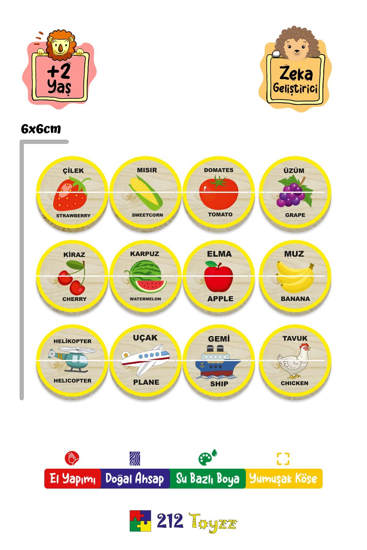 212toyzz Ahşap Iki Parçalı Eşleştirme Oyunu Türkçe ingilizce hayvan Meyve Taşıt eğitici öğretici montessori fotoğrafı 2 (önizleme)