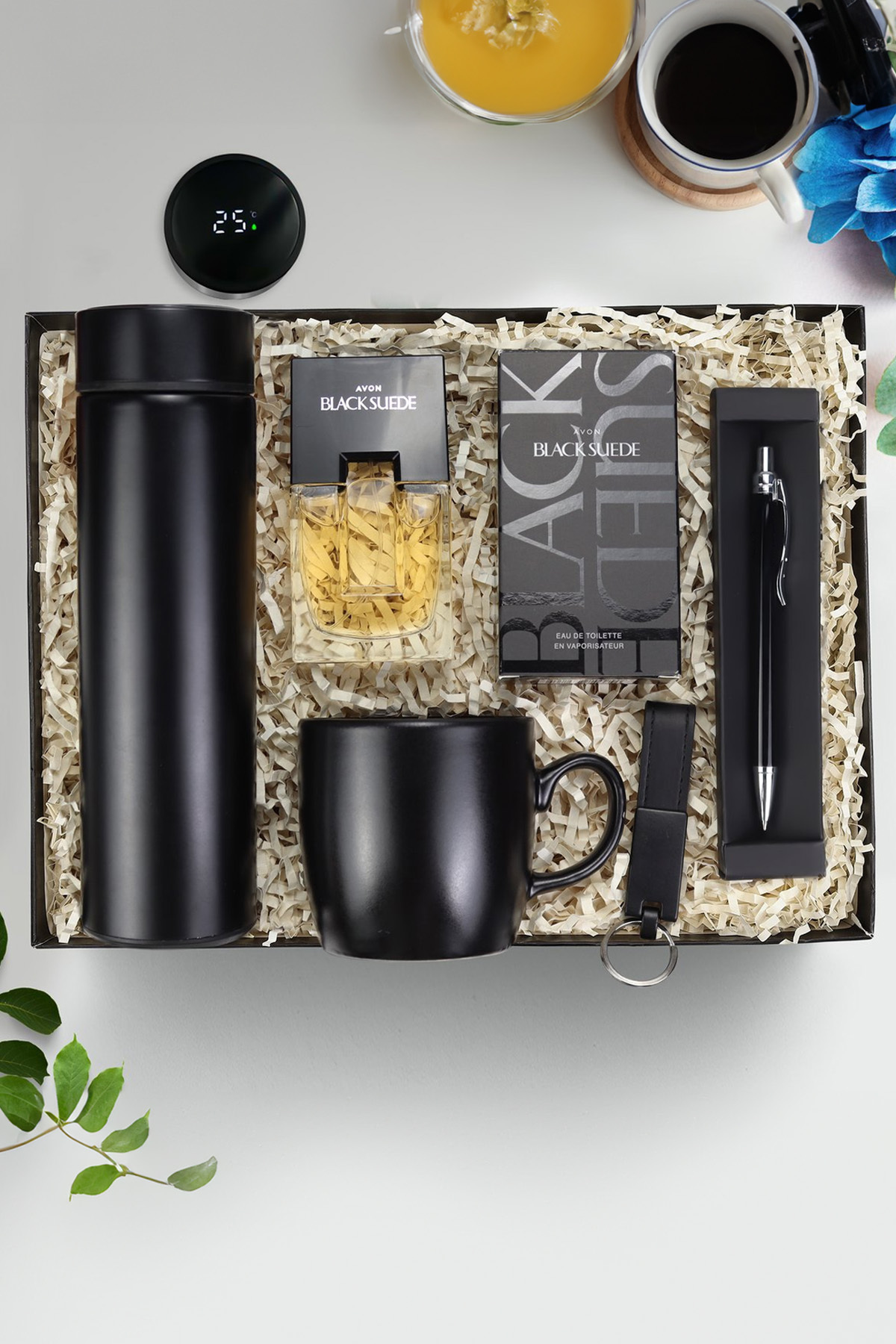 Trendmiya Dereceli Termos & Black Suede Erkek Parfüm & Tükenmez Kalem & Mat Kupa & Anahtarlık Hediye Seti