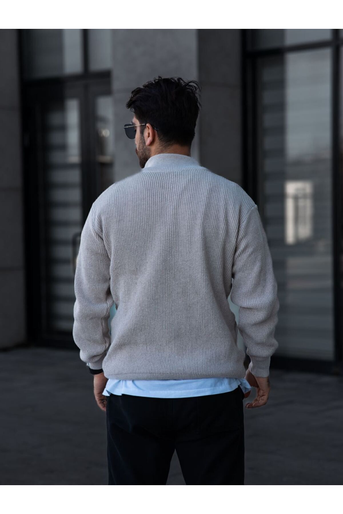 Unisex Yarım Fermuarlı Triko Kazak — خاکستری OTK-SLNK-KZK — تصویر 5 از 6