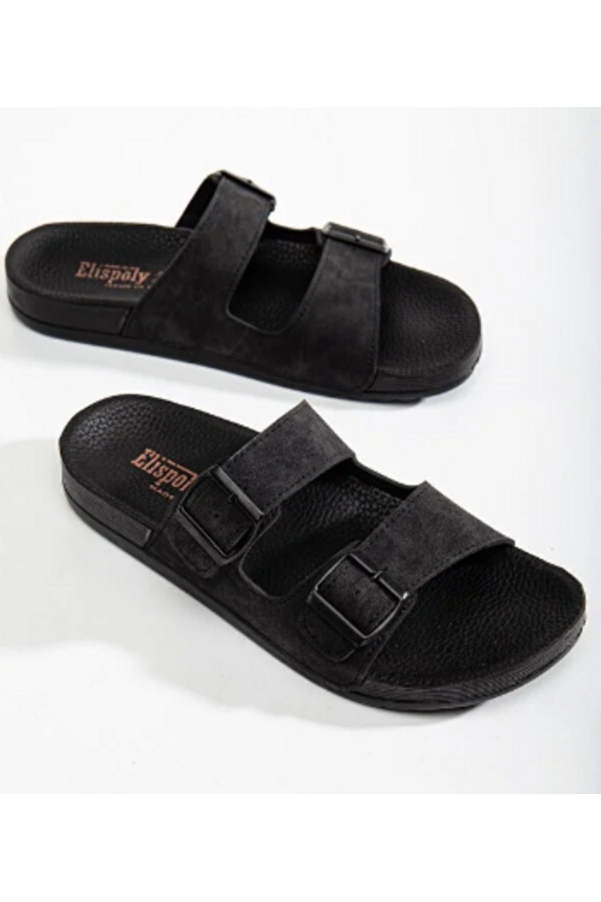 ElisPoly-Men's Black Slippers - 2 Buckle Belt 2