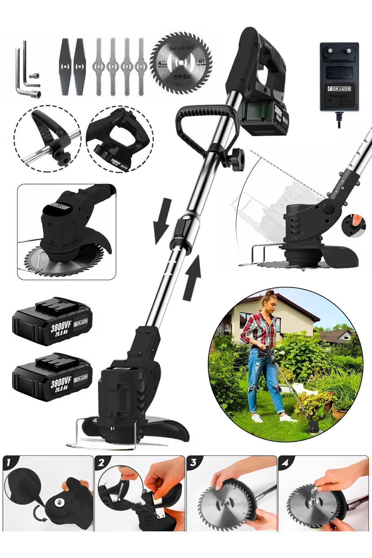 Graizer Trex 2 Akülü 3800 Vf 20 Ah Ot Çim Çalı Diken Biçme Tırpanı
