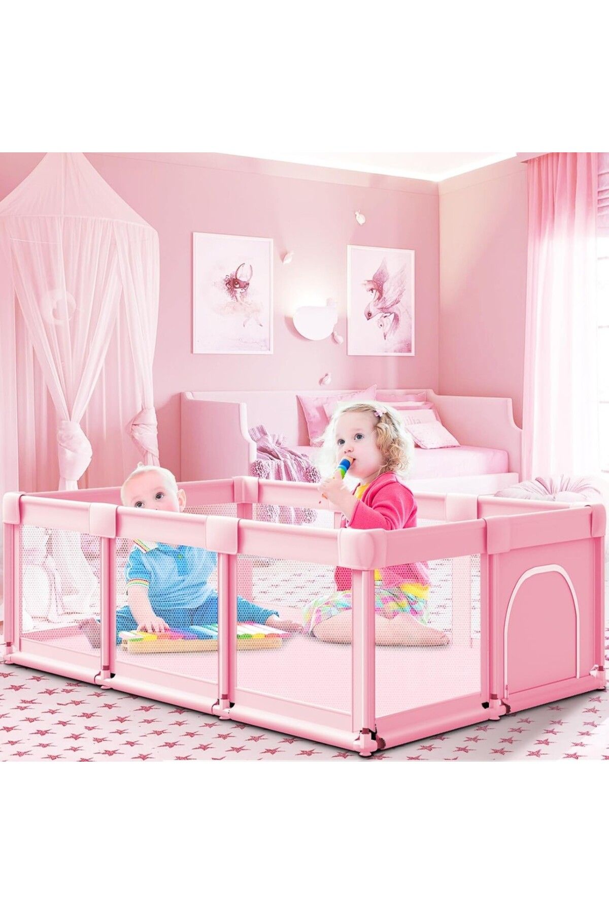 VARSTHREE Bebek Oyun Parkı - 74 x 50 İnç, Pembe, İç ve Dış Mekan İçin Yumuşak Nefes Alabilir Ağlı Oyun Parkı