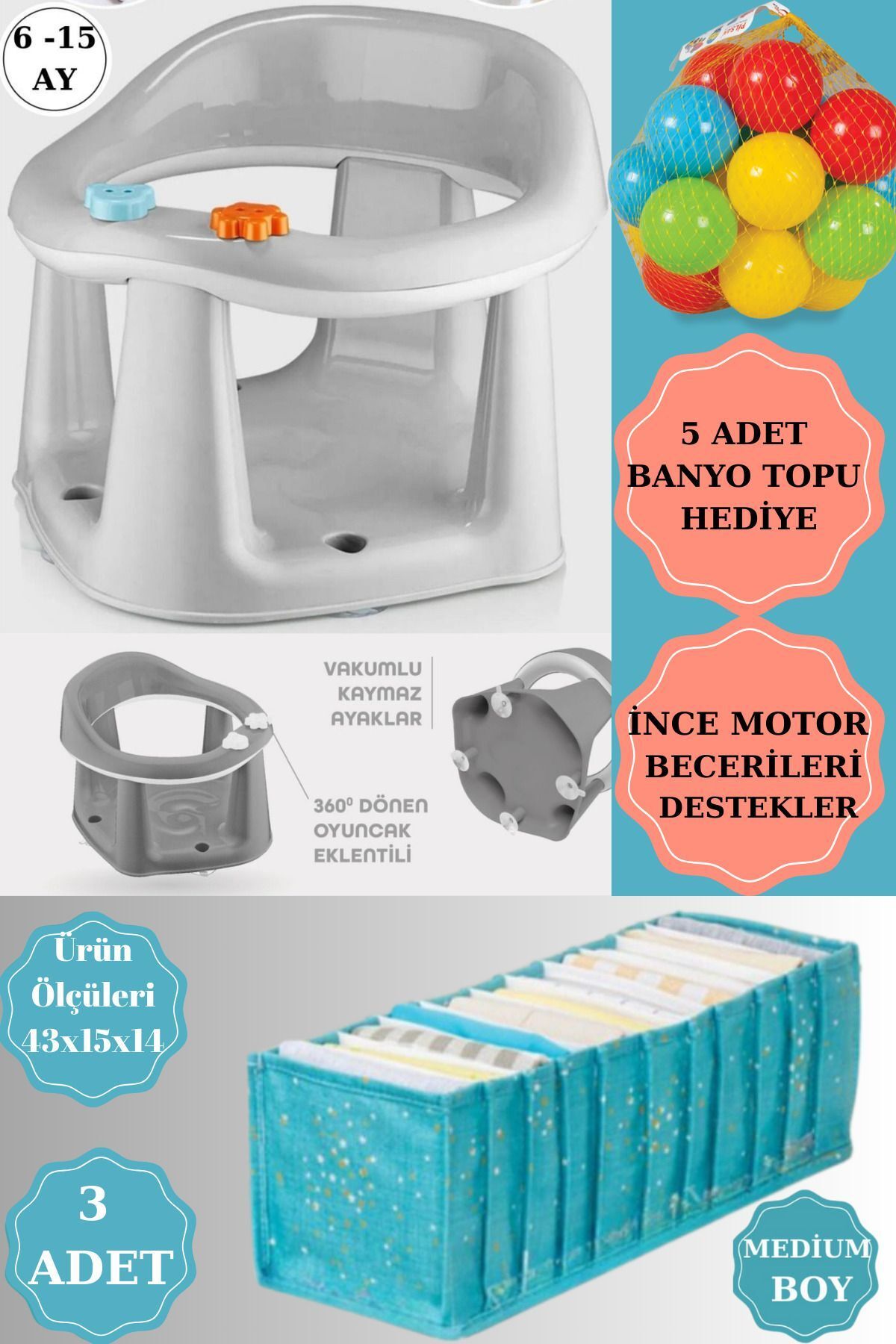 PONÇİK BEBEK Bebek Banyo Oturağı -Vakum Tabanlı Bebek MamaOturağı-BelDestekli VakumluMama AkordiyonDüzenleyiciler