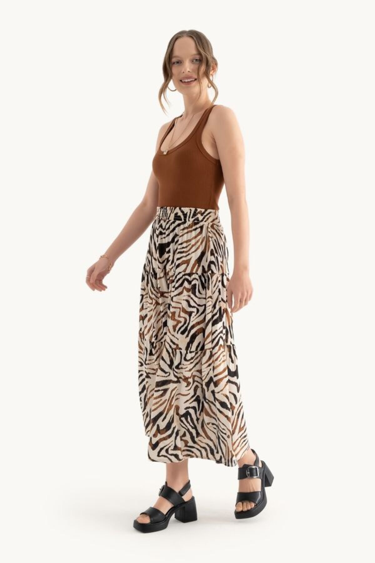 Hiccup-Zebra Pattern High Waist Elastic Waist Maxi Skirt 2