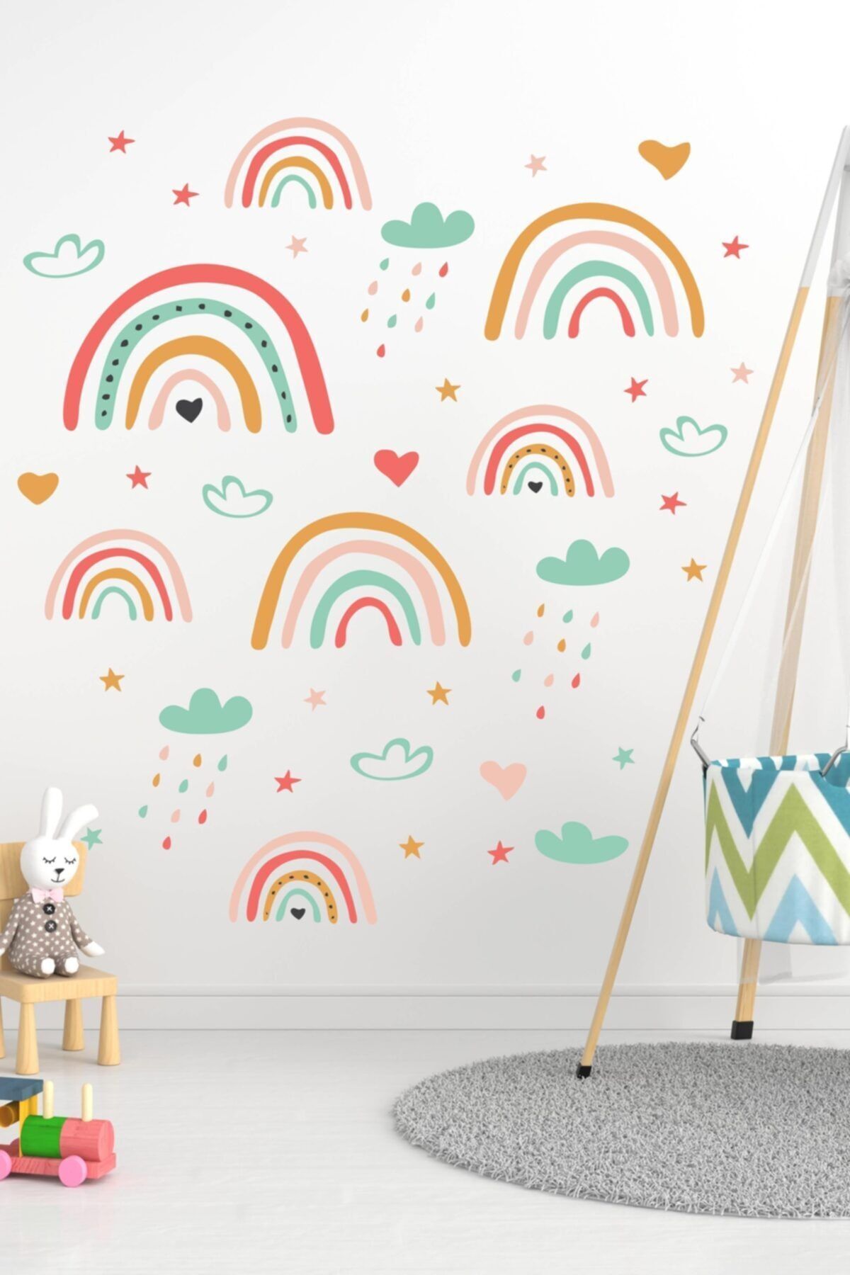 Tiny Rainbow, Cloud and Rain Droplets Kids Room Wall Sticker