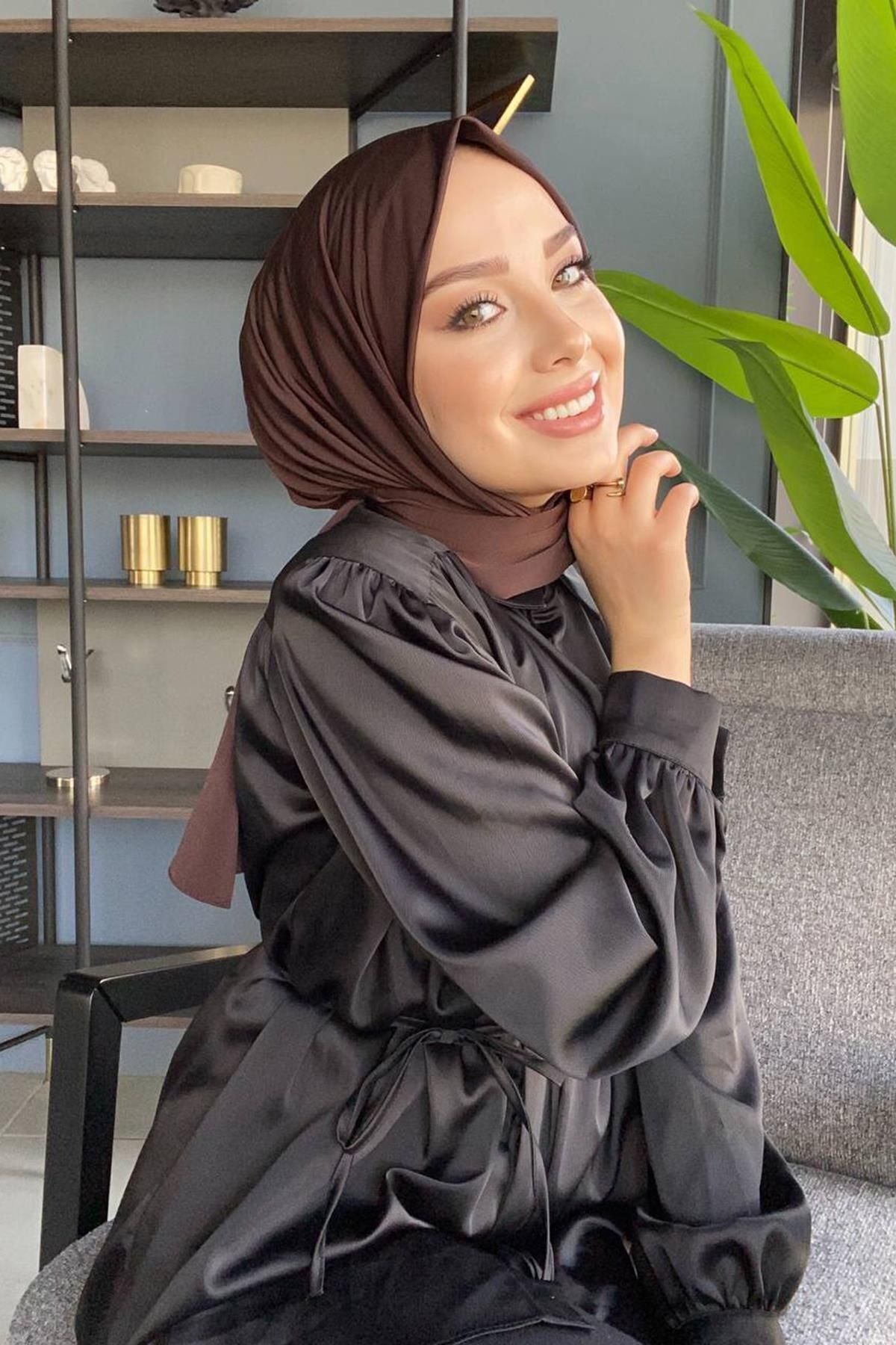 SAYRA  Shawl Kahverengi Çıtçıtlı Hazır Şal Syr002 - Görsel 3