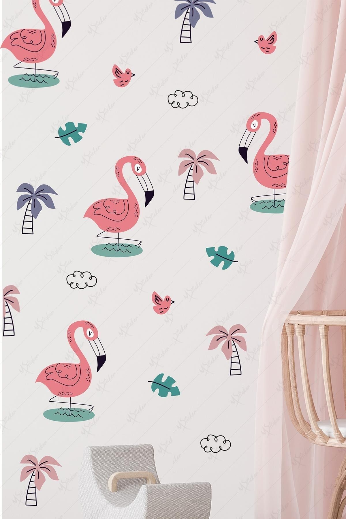 Flamingo Themed Soft Colors Kids Nursery Glass Wall Sticker Set