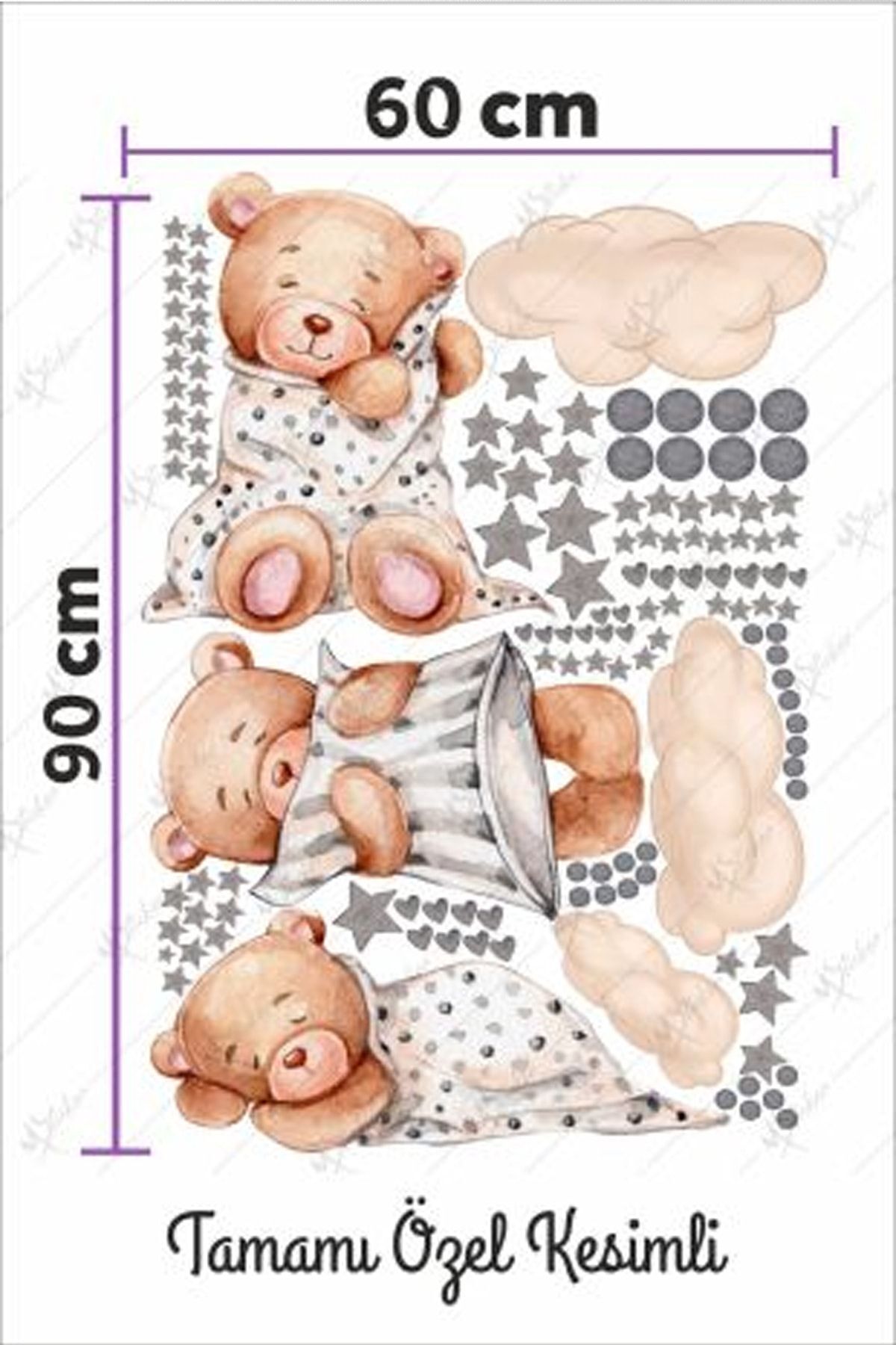 MSticker-Set of 3 Sleeping Teddy Bears Clouds and Stars Children's Baby Room Sticker 3