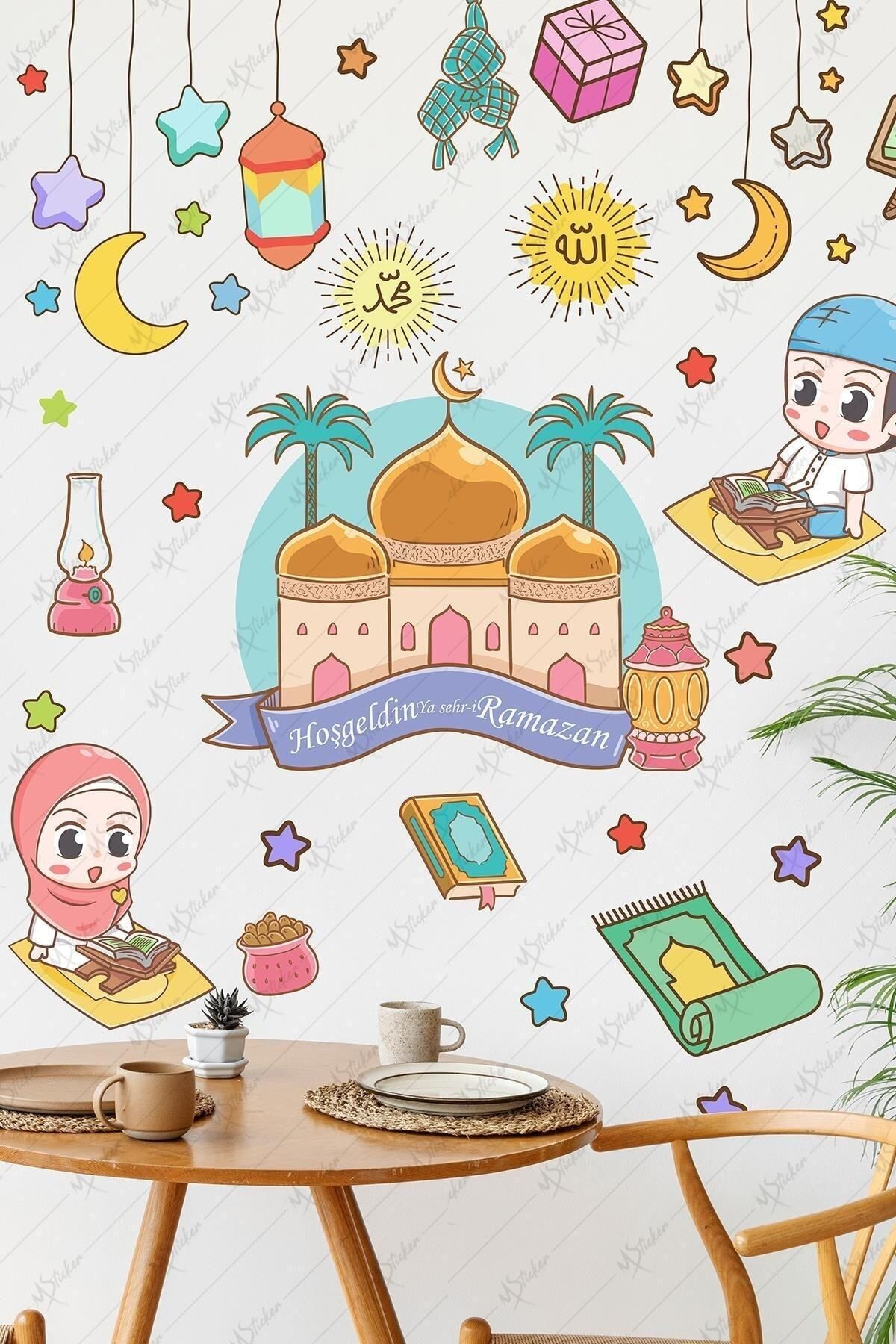 MSticker Hoşgeldin Ramazan Cami Ve Renkli Ramazan Ayı Figürleri Cam Duvar Sticker Seti Ramazan Süsleri fotoğrafı 2 (önizleme)