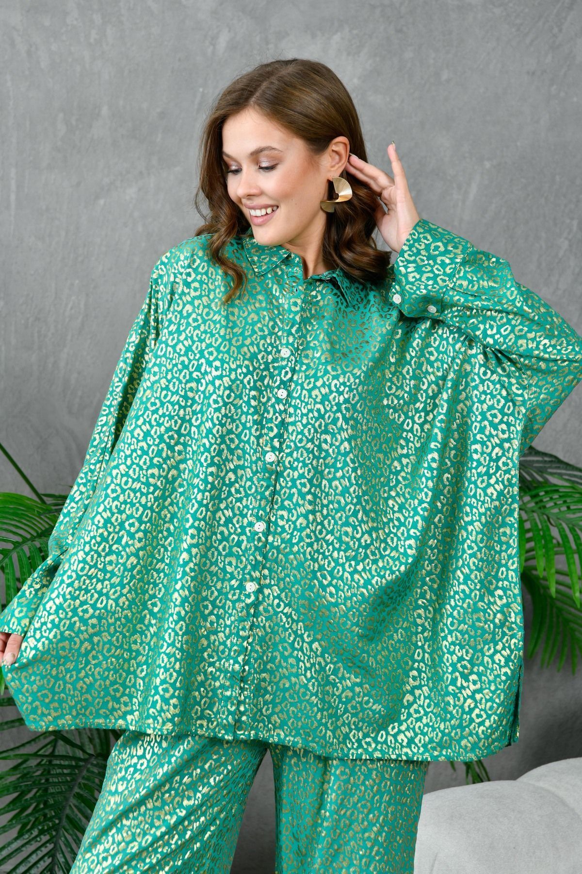 lovebox-Relaxed Cut Coral Patterned Women's Two Pieces Set - Viscose Shirt and Trousers 306 8