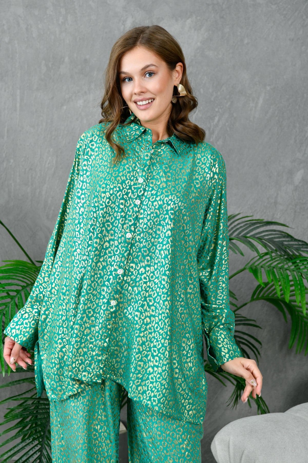 lovebox-Relaxed Cut Coral Patterned Women's Two Pieces Set - Viscose Shirt and Trousers 306 3