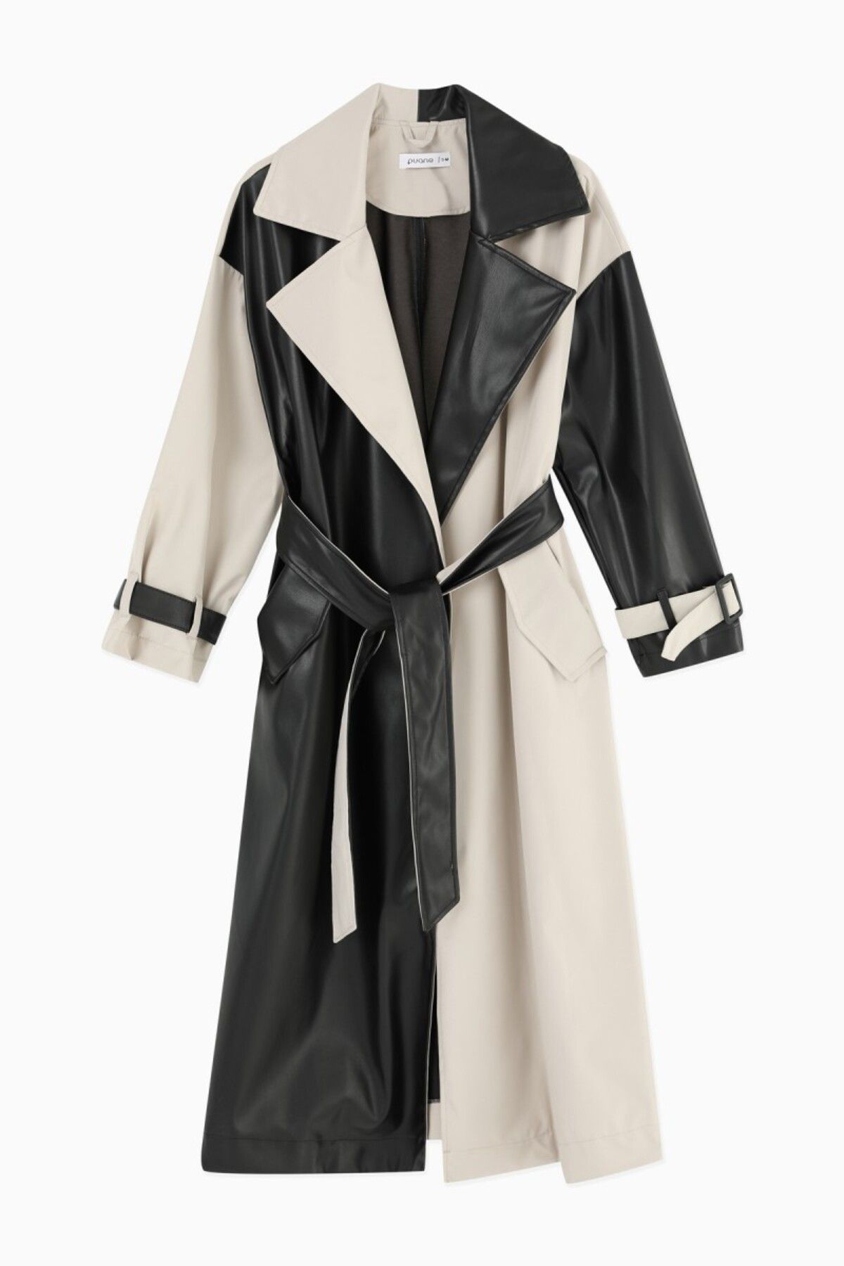 LOREEN FASH ON Stone and Black Belted Block Patterned Women s Long Leather Trench Coat Trendyol