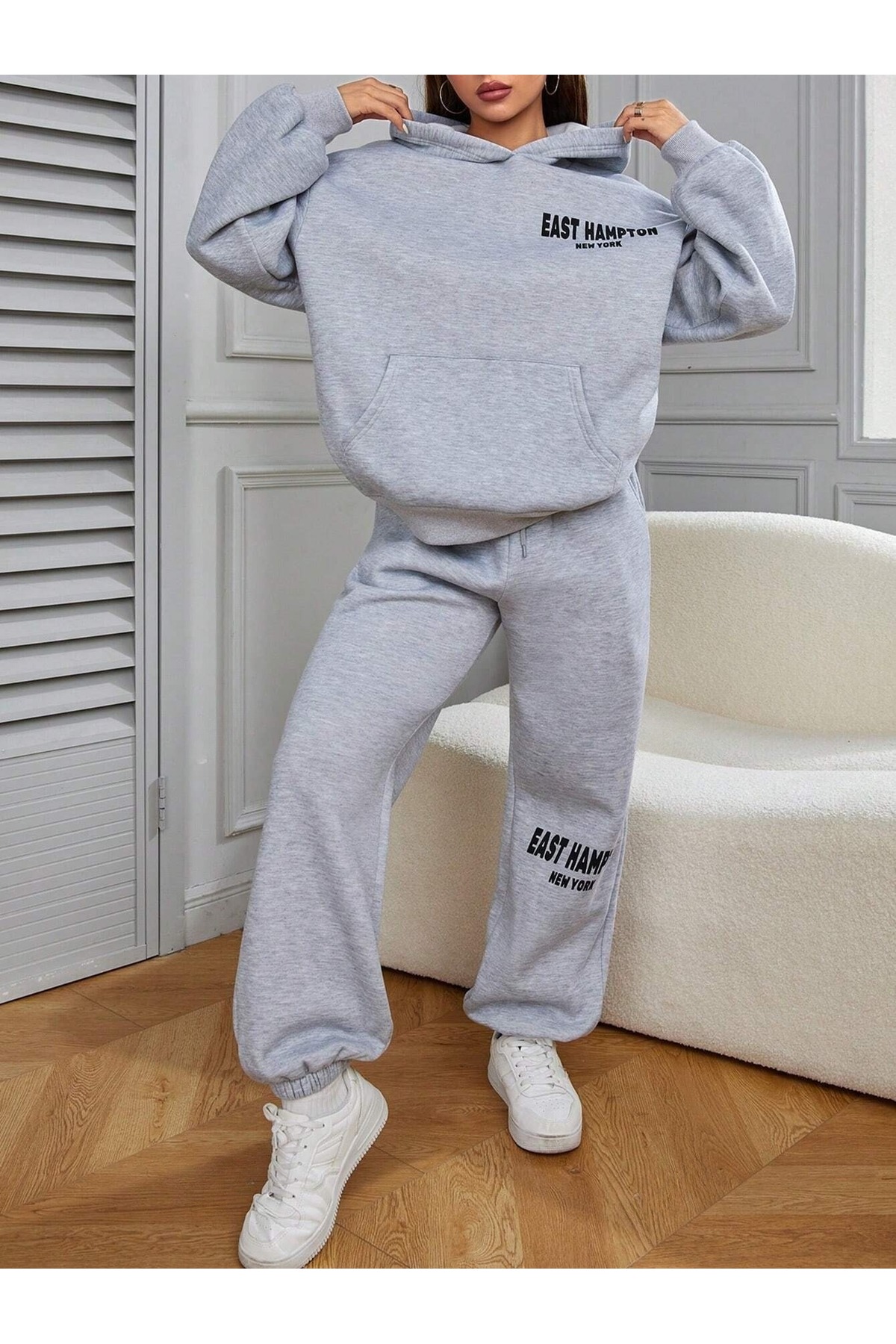 Women's Gray East Hempton Printed Oversize Hooded 3 Yarn Sweatshirt Jogger Bottom Top Set