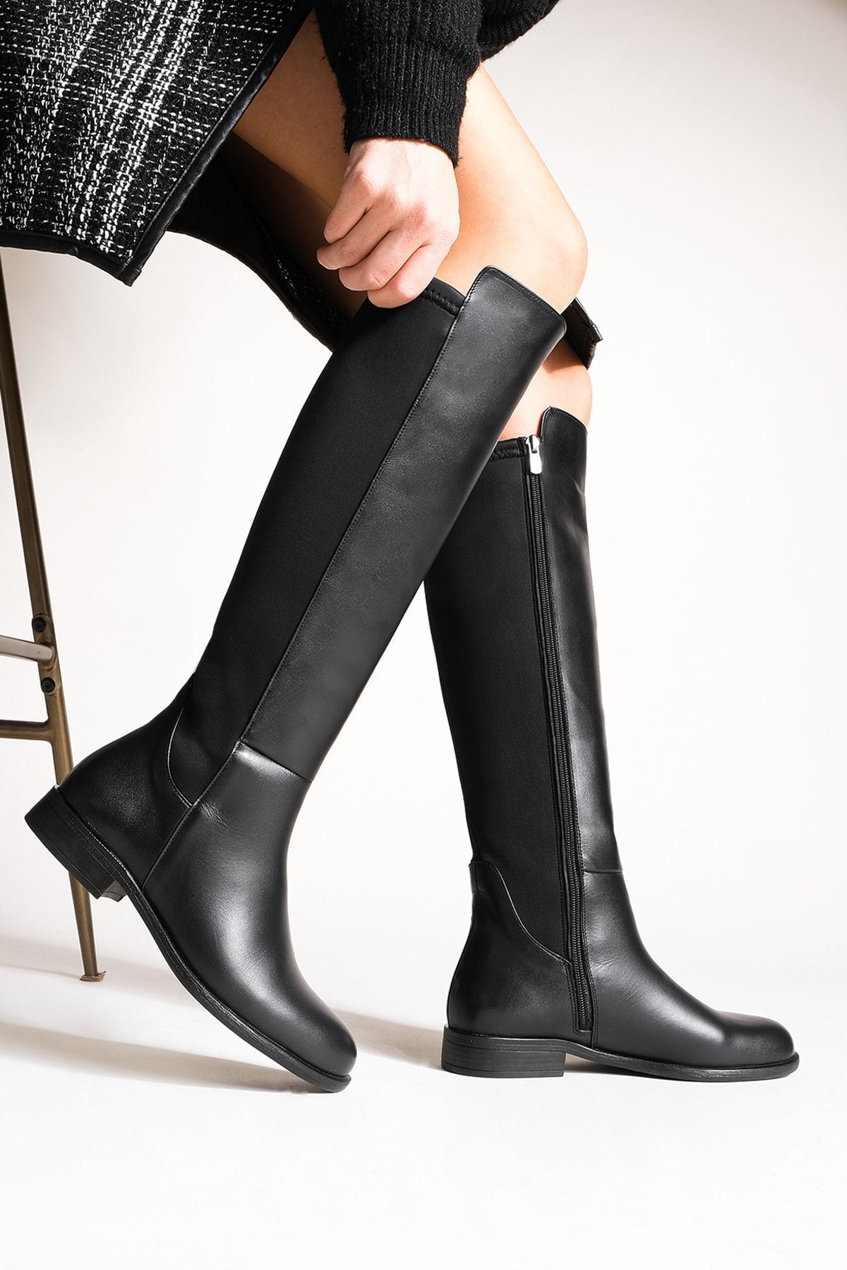 Marjin Women s Genuine Leather Stretch Daily Boots Elastic Knee high Zipper Zolen Black Trendyol