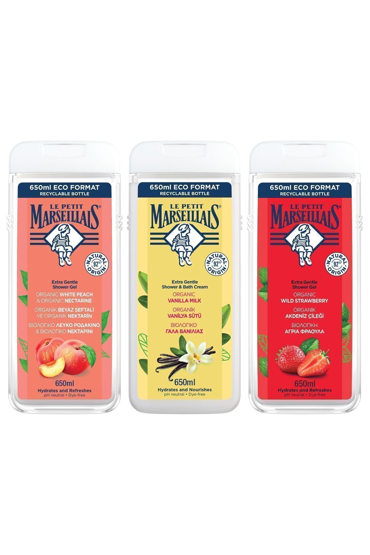 هلو سفید و شلیل 650 میلی لیتر شیر وانیلی 650 میلی لیتر ژل دوش توت فرنگی مدیترانه ای Le Petit Marseillais