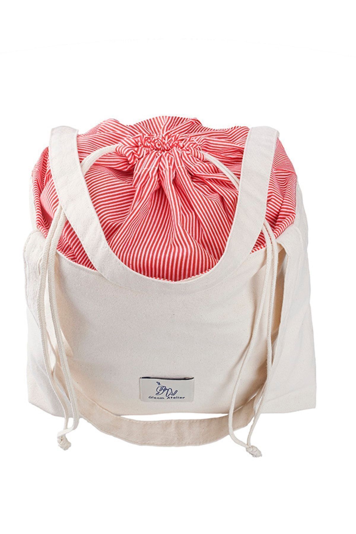 Gleam Atelier-Striped Large Size Washable Drawstring Cloth Bag, width: 40cm, length: 30cm, Long Handle Can Be Worn on the Shoulder 2