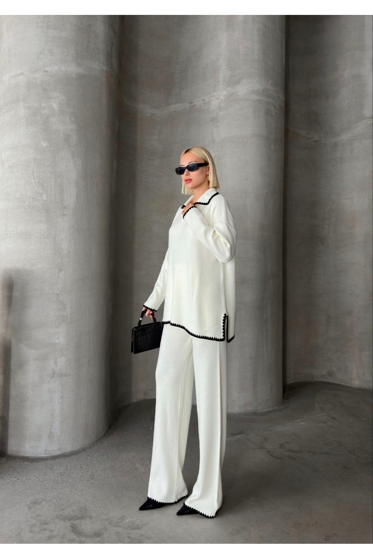 Women's Knit Trousers Set White Oversize Fit - Görsel 2