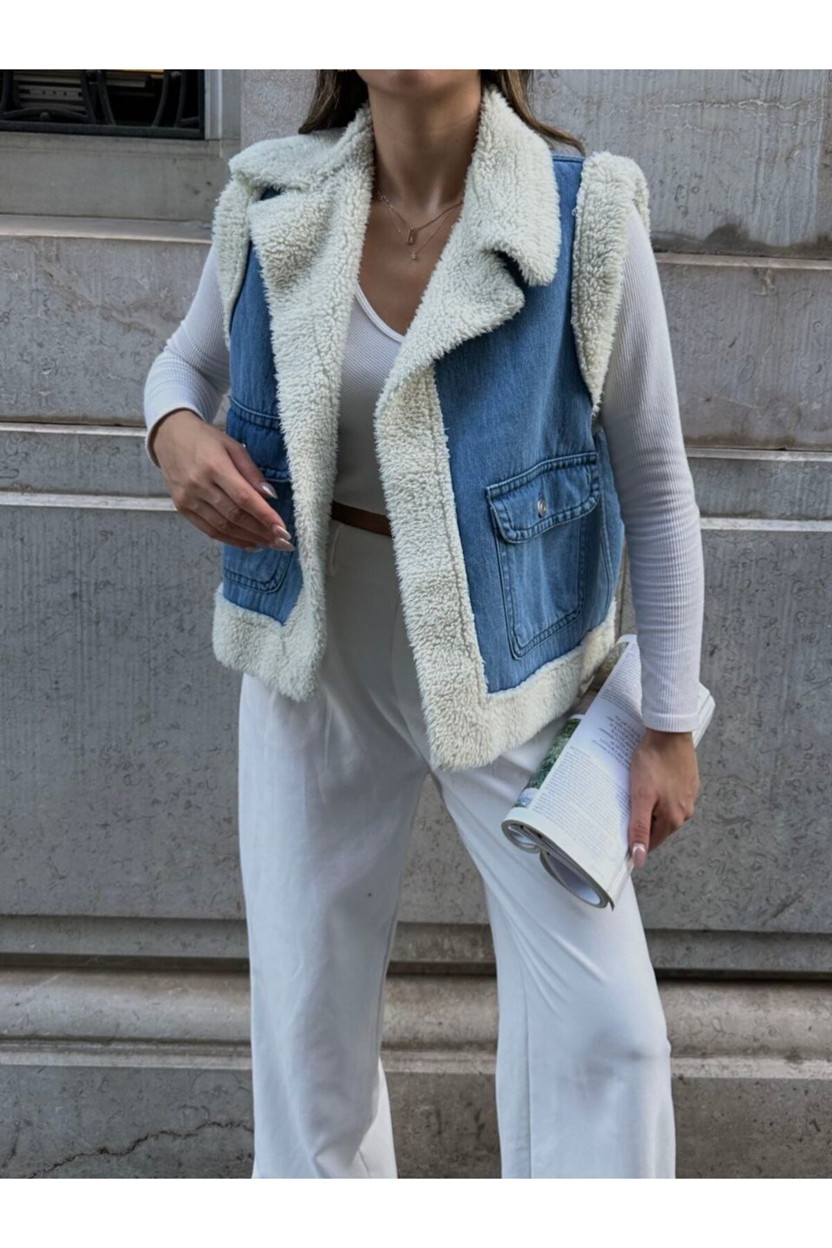 Mavi İçi Teddy Kürklü Cepli Denim Yelek - Görsel 7