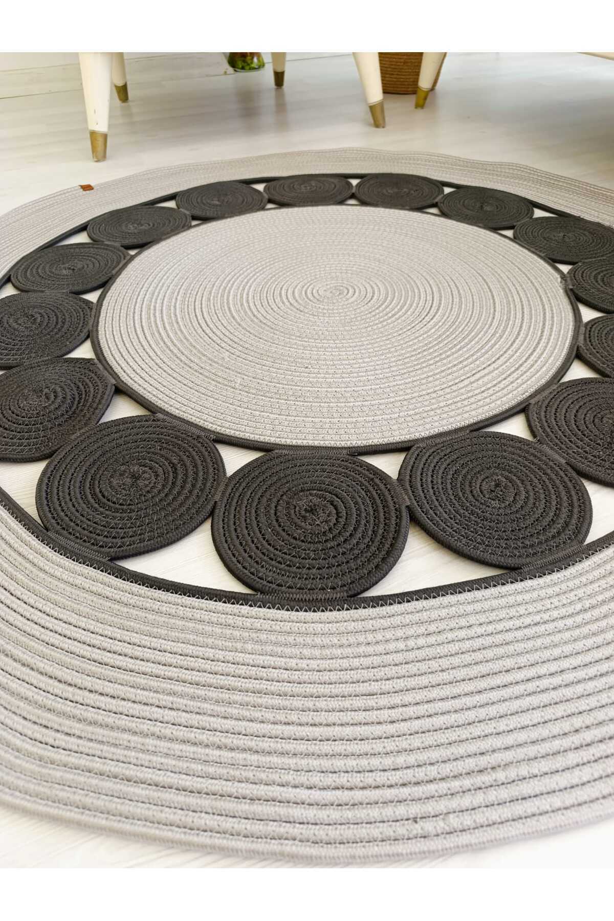 jute Wicker Look Patterned Modern Handmade Circle Carpet Rug