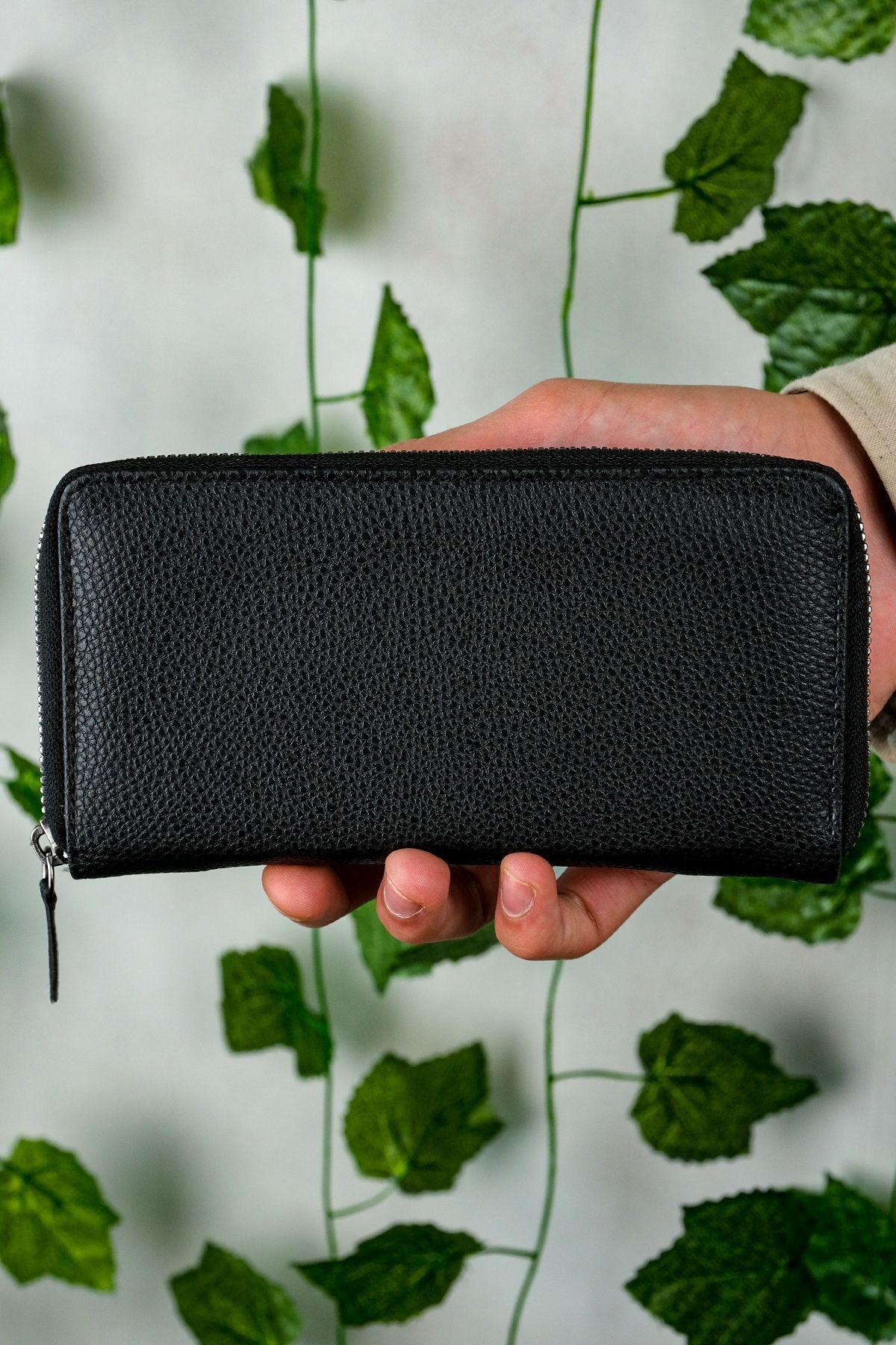Telefon Bölmeli Unisex Deri Portföy Kartlık Uzun Cüzdan Siyah