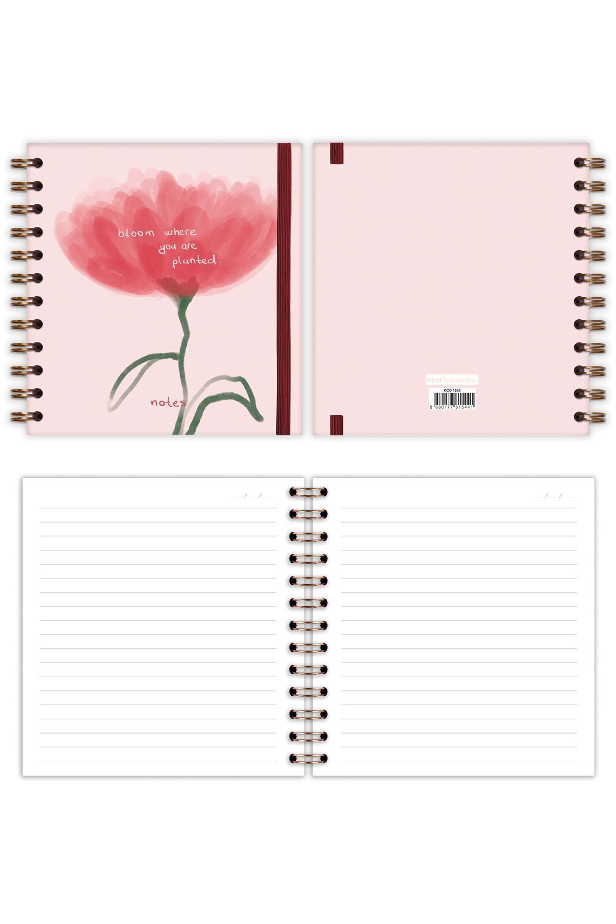Matt Notebook-طقم مكون من قطعتين بمظهر مربع مقاس 15 × 15 سم - مفكرة غير مؤرخة مخططة حلزونية ونقاط زهور 7