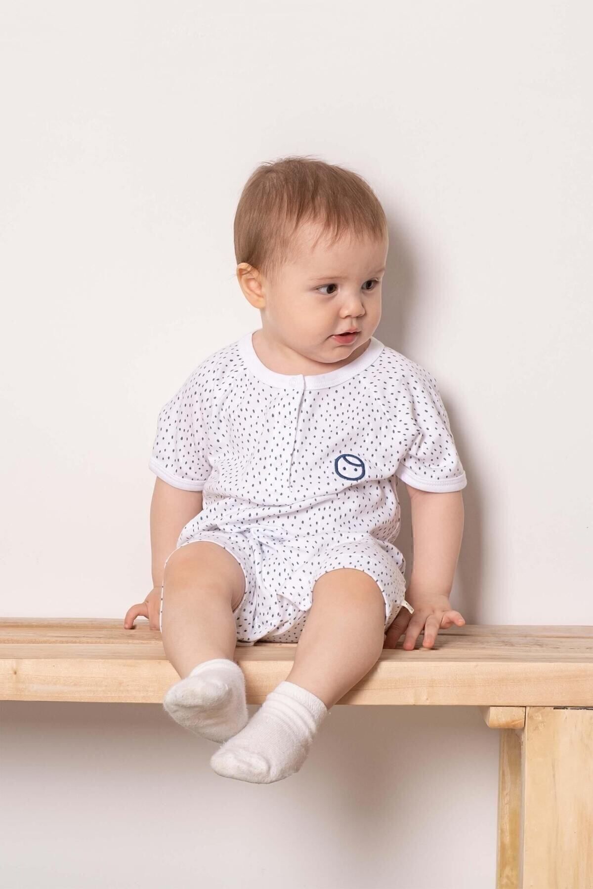 Little Gusto 2' Li Kısa Kollu Organik Pamuk Bebek Şort Tulum Seti Marine Desenli fotoğrafı 3 (önizleme)