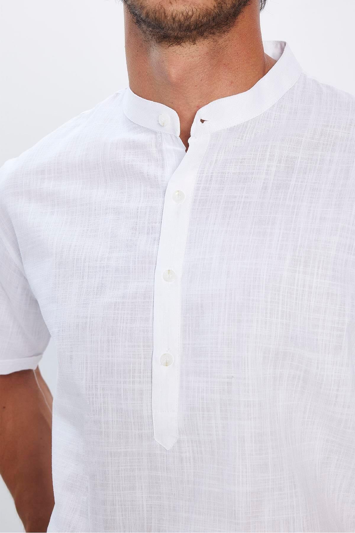 Tudors-White Prevailing Collar - 100% Cotton Linen Shirt, Short Sleeve, Relax Fit Dobby Men's Shirt 3
