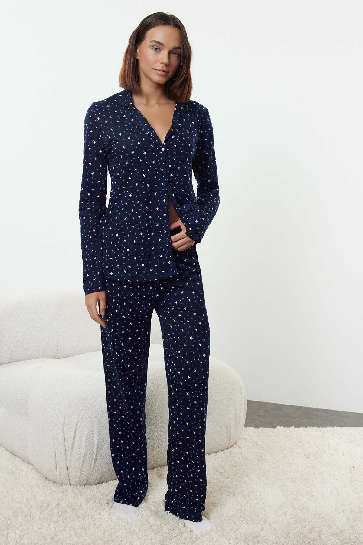 Trendyol Collection Galaxi Patterned Navy Blue Cotton Pajamas Set - Thmaw25Pt00097